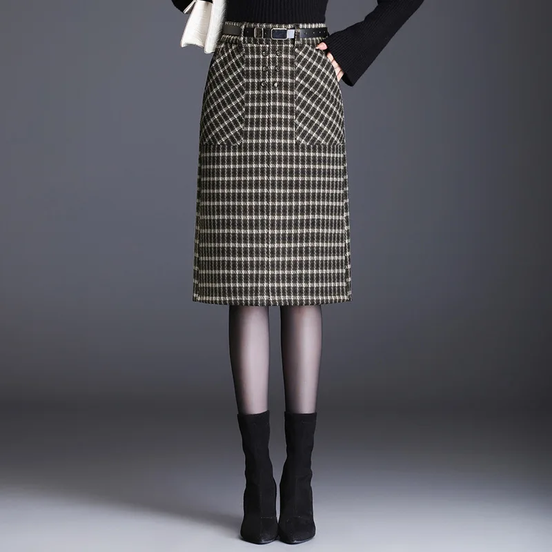 

Elegant Plaid Bodycon Skirt 2021 Autumn Winter Women Korean High Waist Slim Casual Knee-length Pencil Skirts Lady