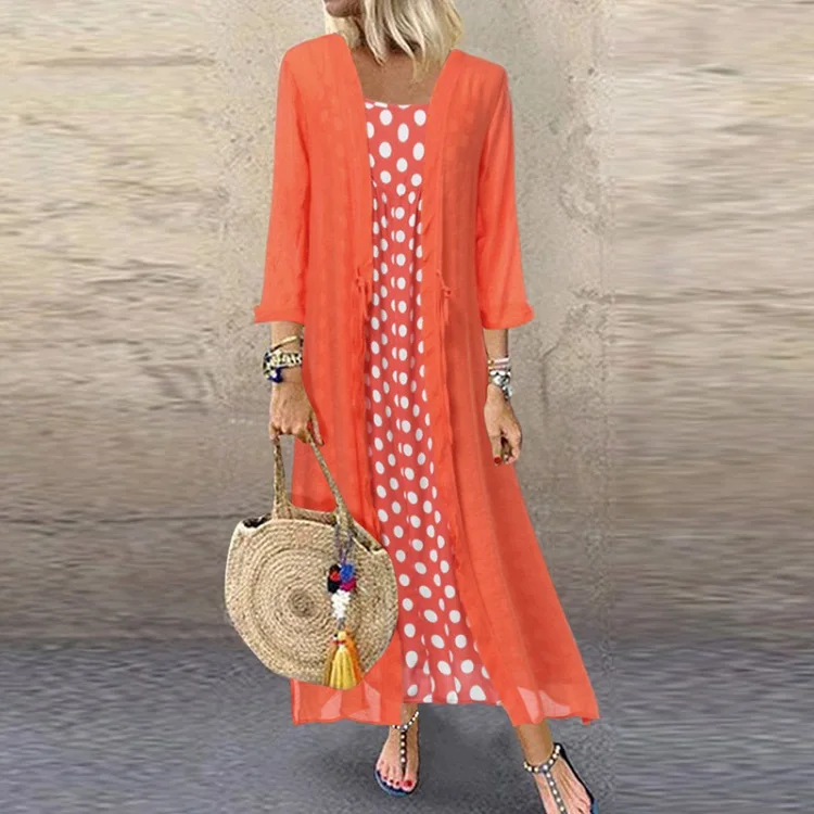 Orange Lipswag 5XL Women Autumn Two Piece Set Long Sleeve Party Dress Casual O Neck Polka Dot Sundress Elegant Plus Size Female Dresses - Цвет: Orange