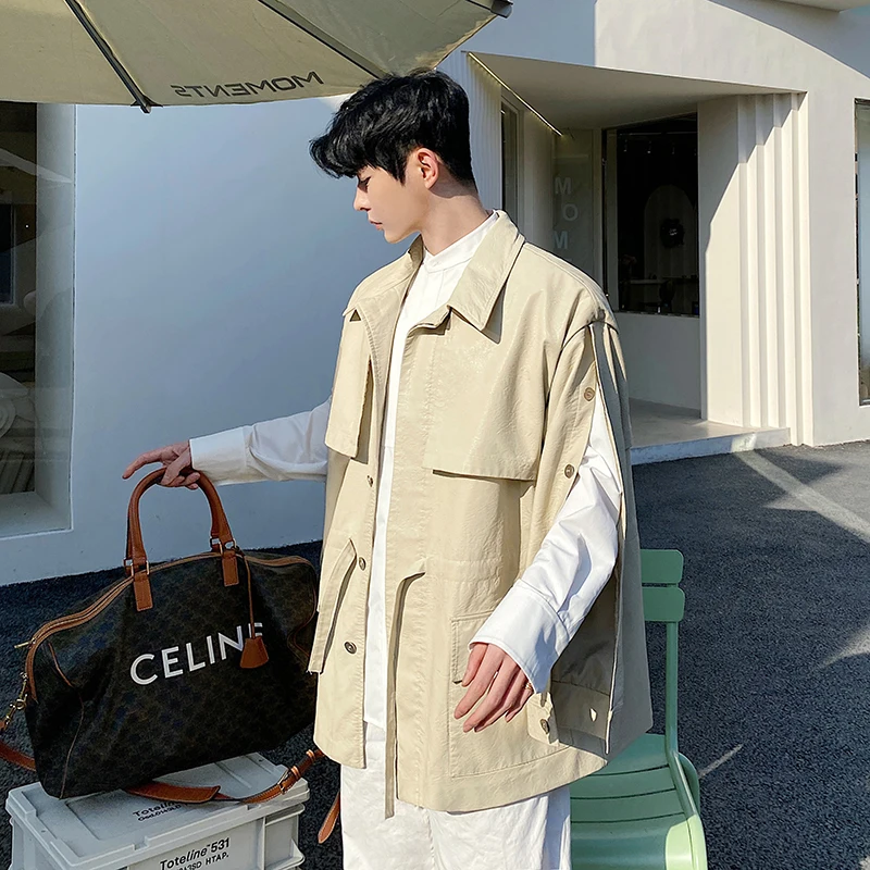 

Men's Buttons Sleeve Vintage Washed Leather Trench Coat Cloak Outerwear Windbreaker Male Korean Streetwear Leather Jacket