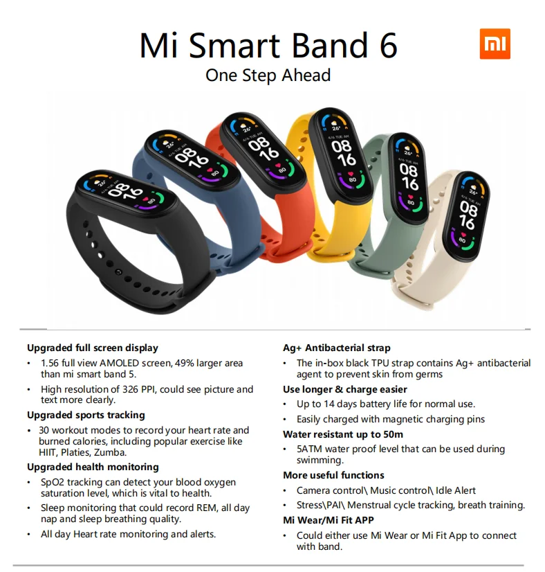 Умный Браслет Xiaomi Mi Band 6 полноразмерный AMOLED экран 1 56 дюйма 5 АТМ разрешение 326 PPI