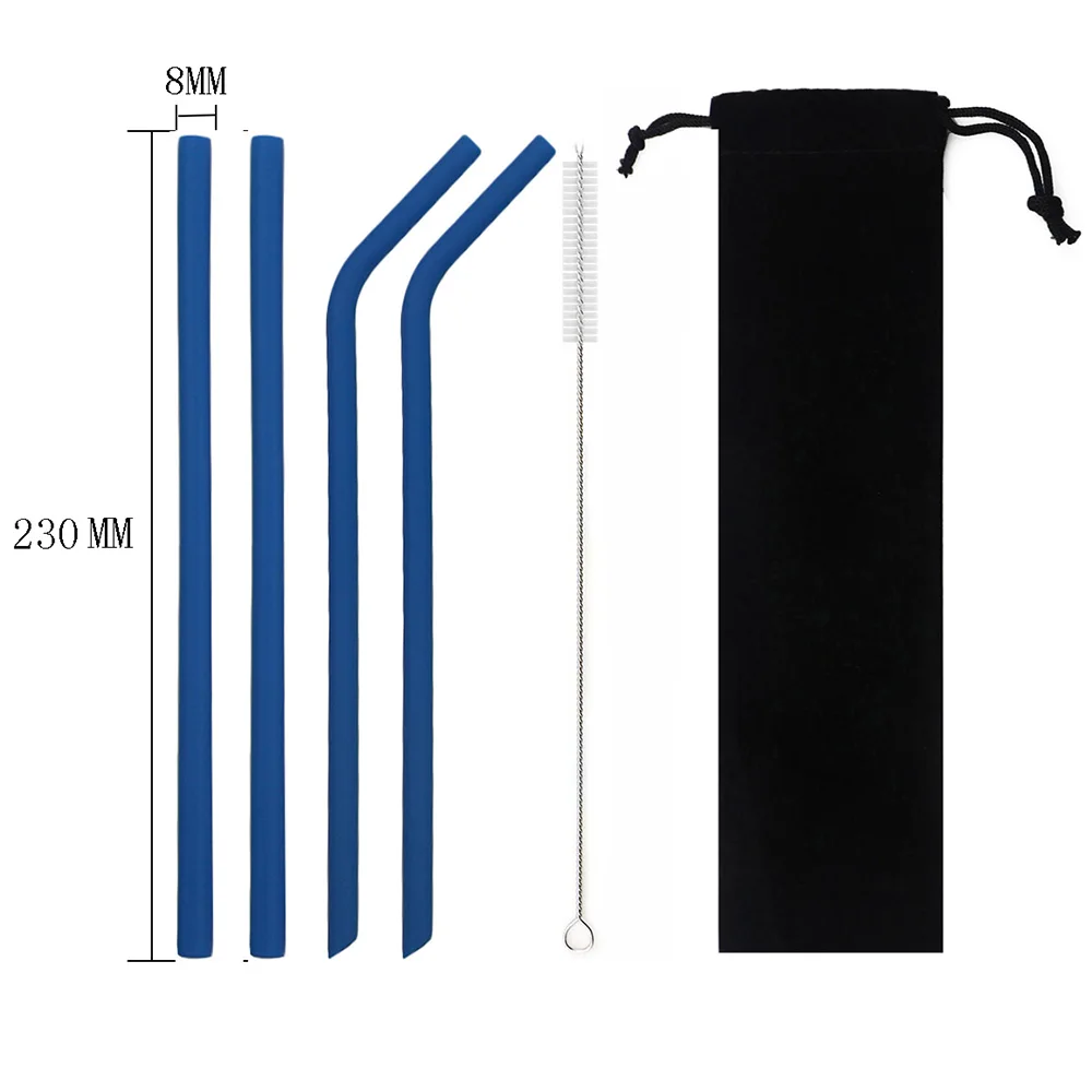 blue 230mm 6 шт./компл. красочное питье силиконовая трубочка набор 23 см 25 см пищевой соломинки для путешествий многоразовая солома с кистью сумка для хранения - Цвет: blue 230mm