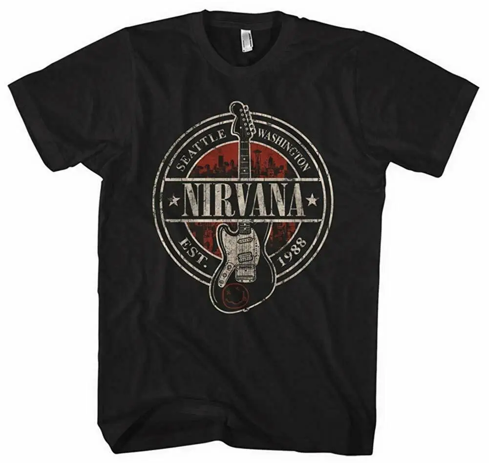Nirvana Est 1988 Марка с гитарой лицензированных взрослая футболка | Мужская одежда