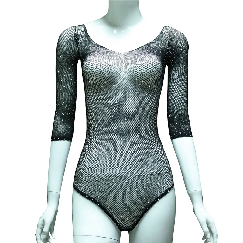 

Fishnet Rhinestone Bodysuits Women Sexy Bodycon Long Sleeve Leotard Top Hollow Out See Through Off Shoulder Tops