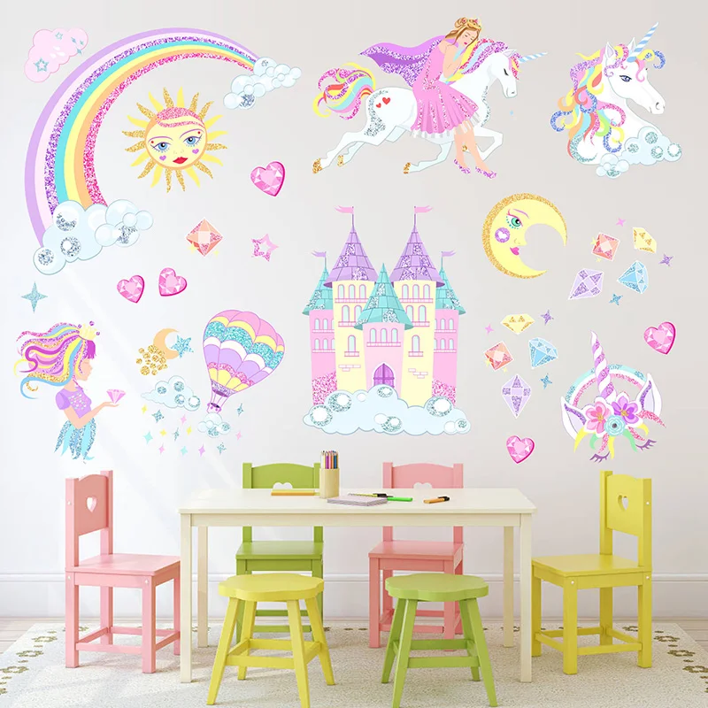 Наклейки на стену в виде единорога красочные радужные наклейки замка для детской