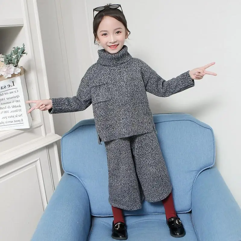 Свитер для девочек теплый вязаный пуловер с высоким воротником + штаны комплект