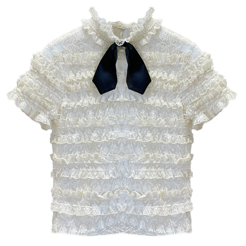 

Turtleneck ruffled short-sleeved blouse, hollow pattern, water-soluble embroidery, lace see-through shirt lining women