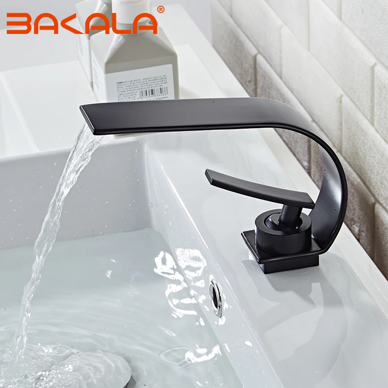 Кран для раковины BAKALA черный латунный столешница крепление на палубе водопад