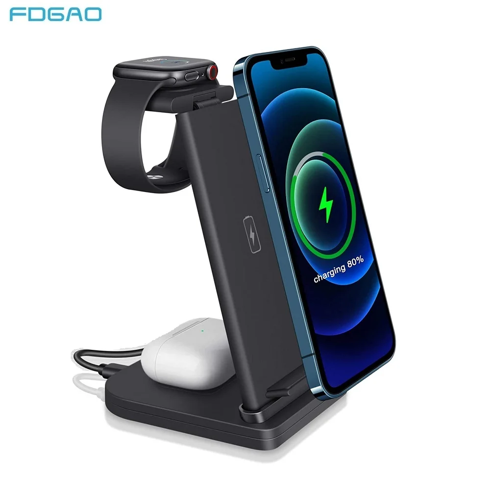 

3 в 1 беспроводная зарядная станция для iPhone 12 11 XS XR X 8 AirPods Pro Apple Watch 2/3/4/5/SE/6 15 Вт, Беспроводная подставка для быстрой зарядки