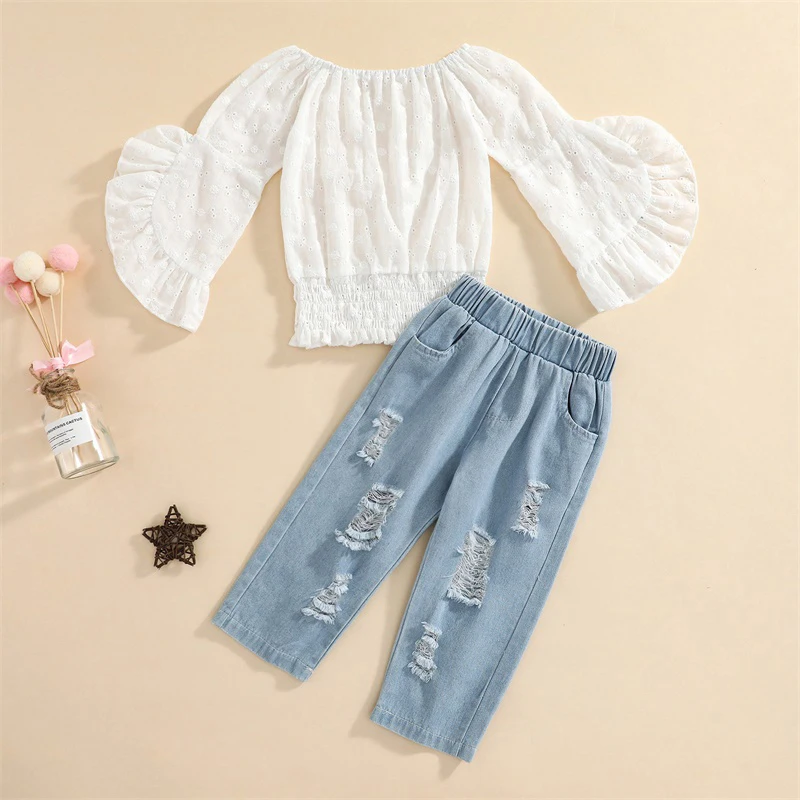 

Pudcoco 1-5Y 2Pcs Fashion Toddler Baby Girls Clothes Sets Solid Color Flare Long Sleeve Pullover Tops Ripped Denim Blue Pants