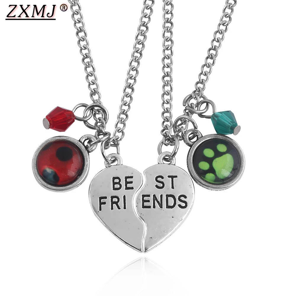 

ZXMJ Ladybug Girl Noir Necklaces BEST FRIENDS Half Broken Love Heart Pendant Solid Couples Jewelry Gift Valentine's Day Necklace