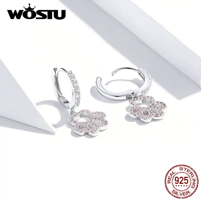 WOSTU Fashion 925 Sterling Silver Paw Dog Pets Footprint Drop Earrings For Women Pink Zircon Wedding Jewelry DXE771 | Украшения и