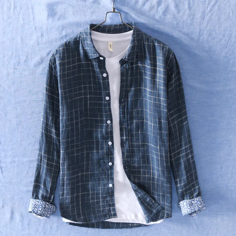

2021 men's literaly style long sleeve plaid shirts with design cuff 100% linen causal men white blue summer shirt for male