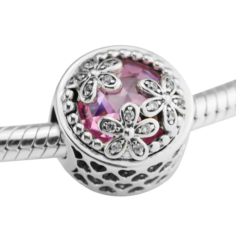 925 Sterling Silver Luxury Hollow Heart Three Flowers Bright Pink CZ Beads Fit Original 3mm Charm Bracelet Jewelry Making | Украшения и