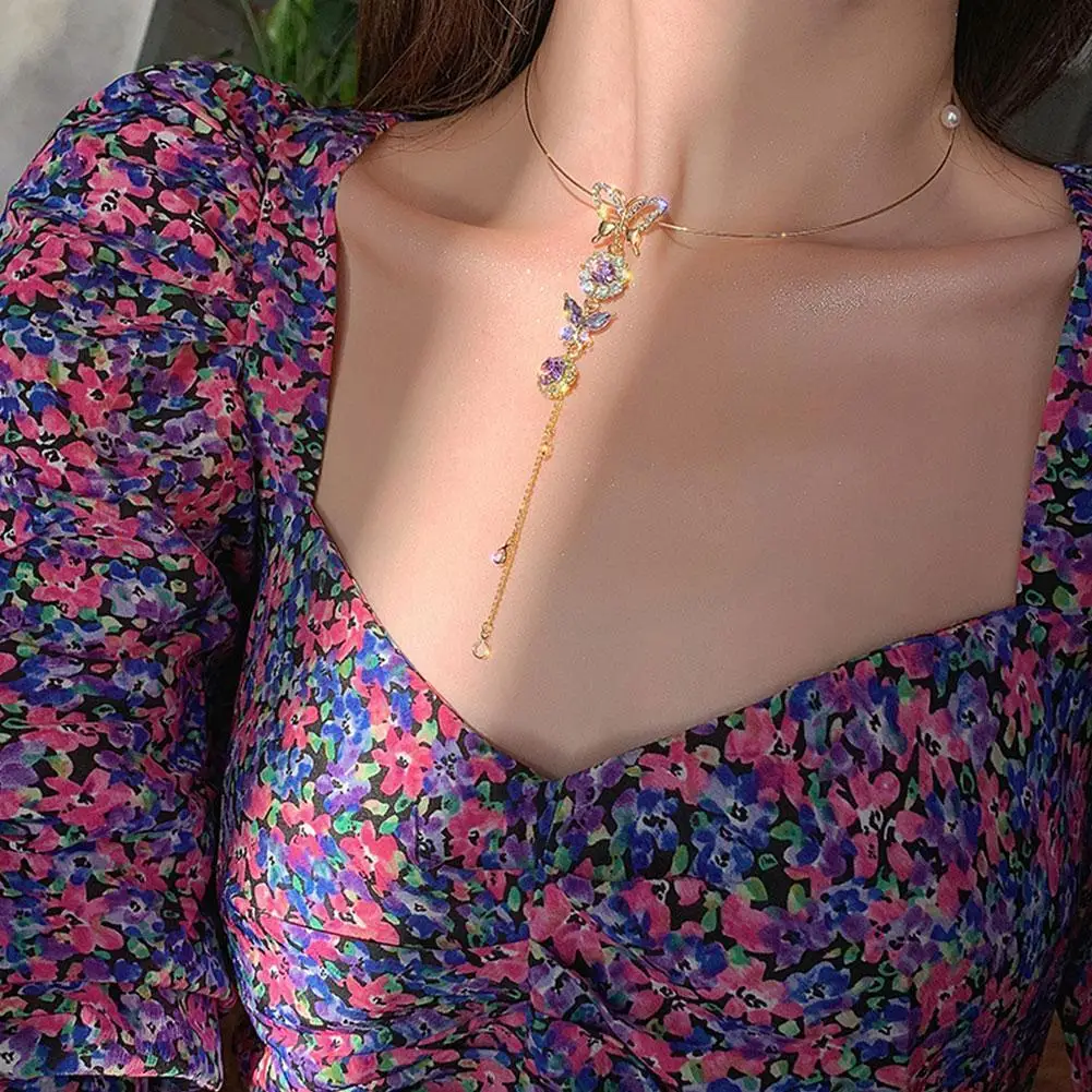 

Silver Plated Butterfly Water Drop Tassel Chain Clavicle Neck Chain Crystal Jewelry Romantic Accessories Gift For Women N7E4