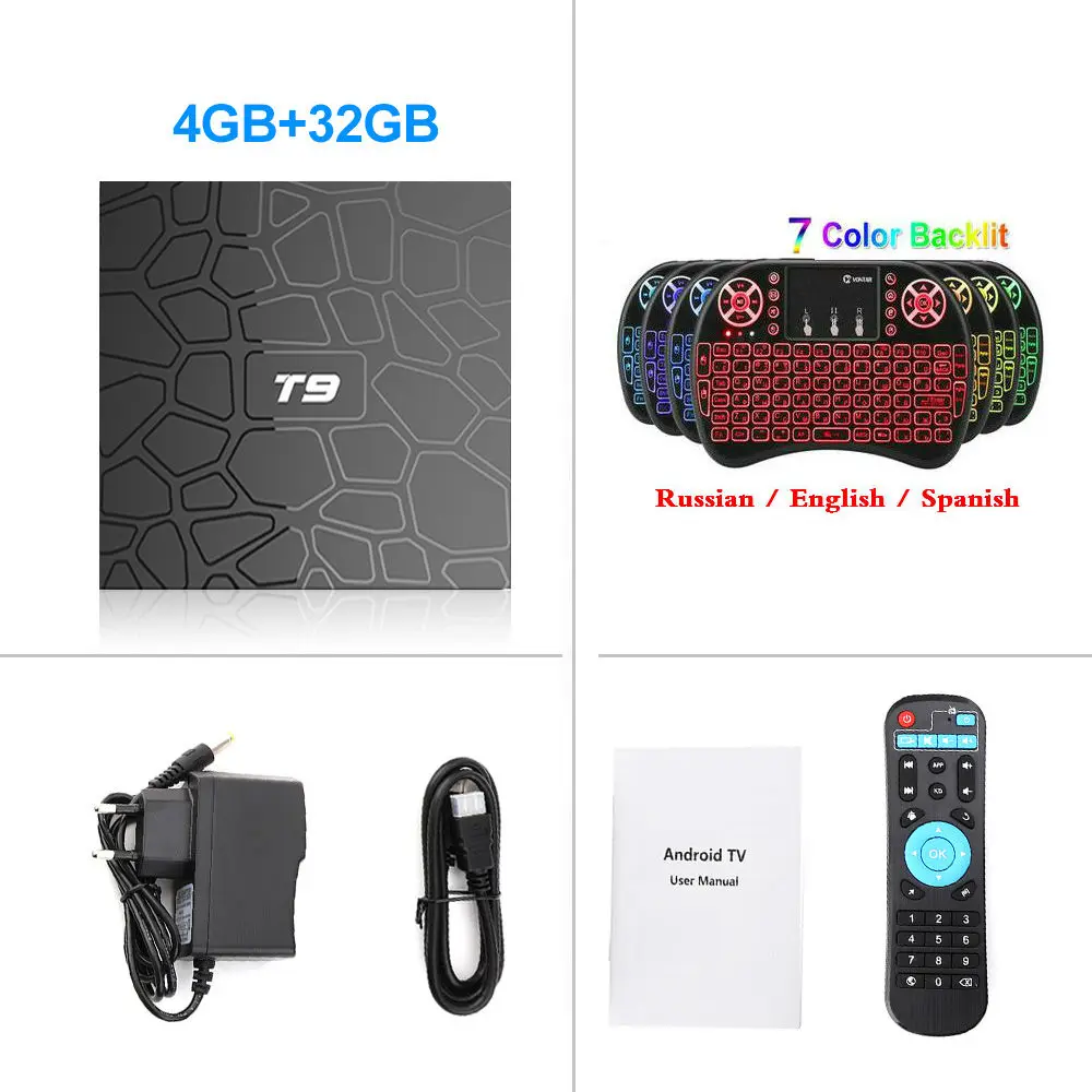Новейший 4 ГБ ОЗУ 64 Гб ПЗУ Android 9,0 ТВ приставка T9 RK3318 четырехъядерный USB 3,0 4K телеприставка 2,4G/5G двойной wifi 2G16G Смарт медиаплеер - Цвет: 4G32G Backlit i8