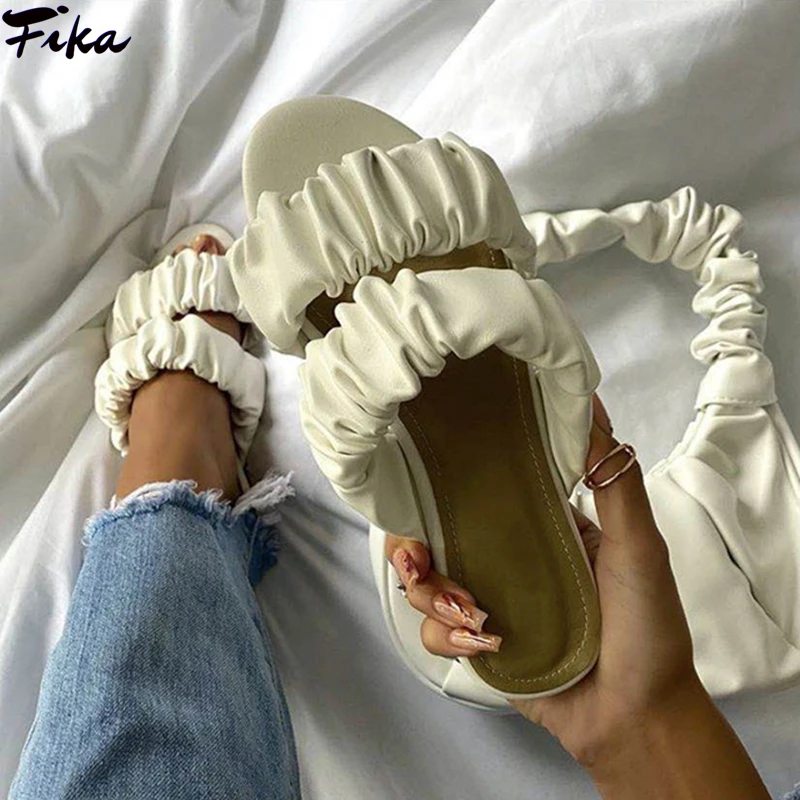 

Slippers Women Summer Sandals 2021 Folds Leather Solid Colors Fashion Open Toe Slides Flip Flops Beach Woman Flat Shoes Outdoor