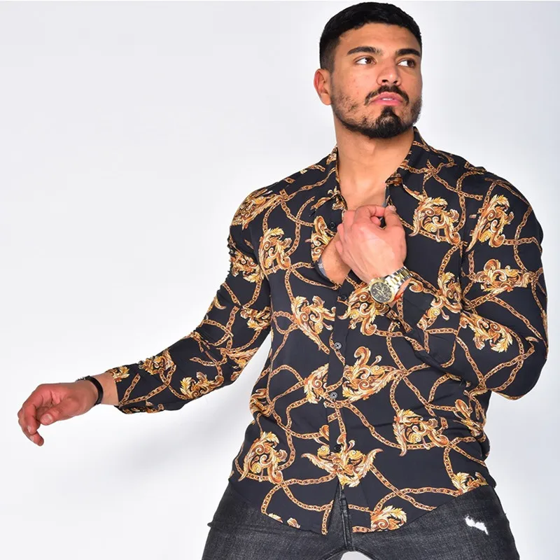 

European and American men's digital printing cardigan casual lapel long-sleeved shirt street fashion pure color thin slim top