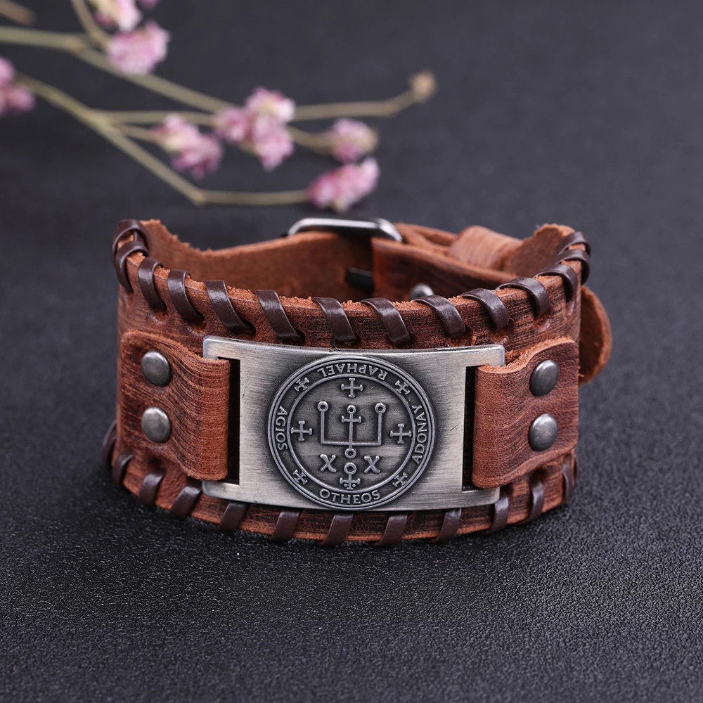 Мужской кожаный браслет Fishhook Готический Браслет манжета с амулетом ангелом