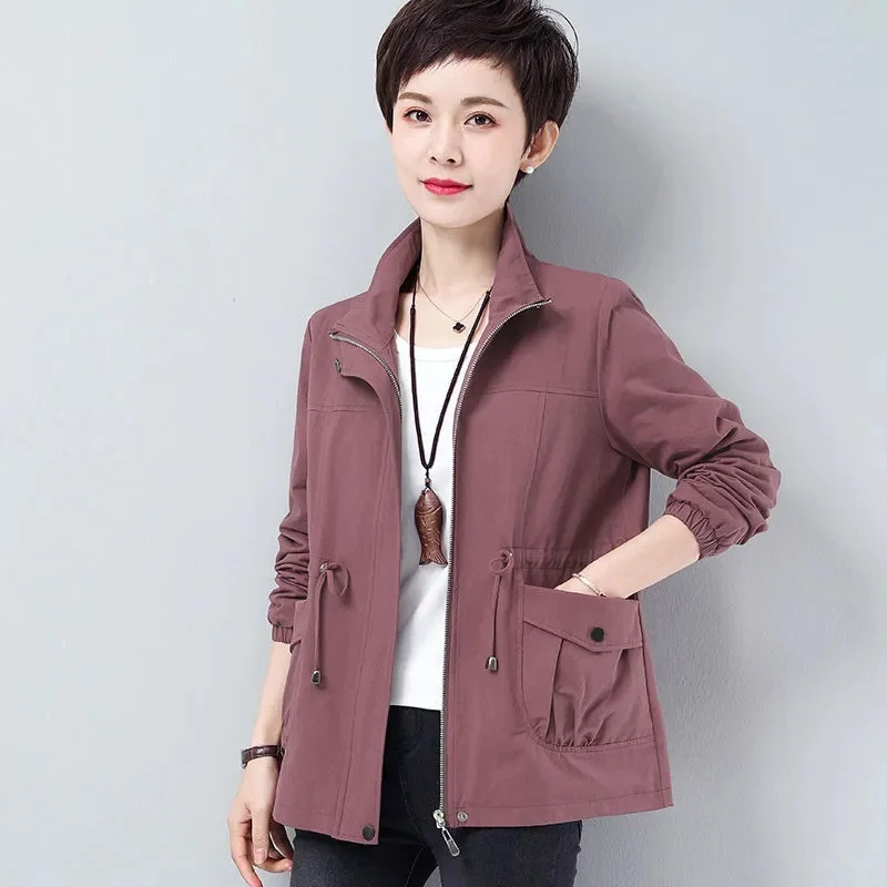 

Mother Short Coat Female 2021 Spring Autumn Korean Plus Size Lining Windbreaker Drawstring Waist Stand Collar Jacket Tops 307
