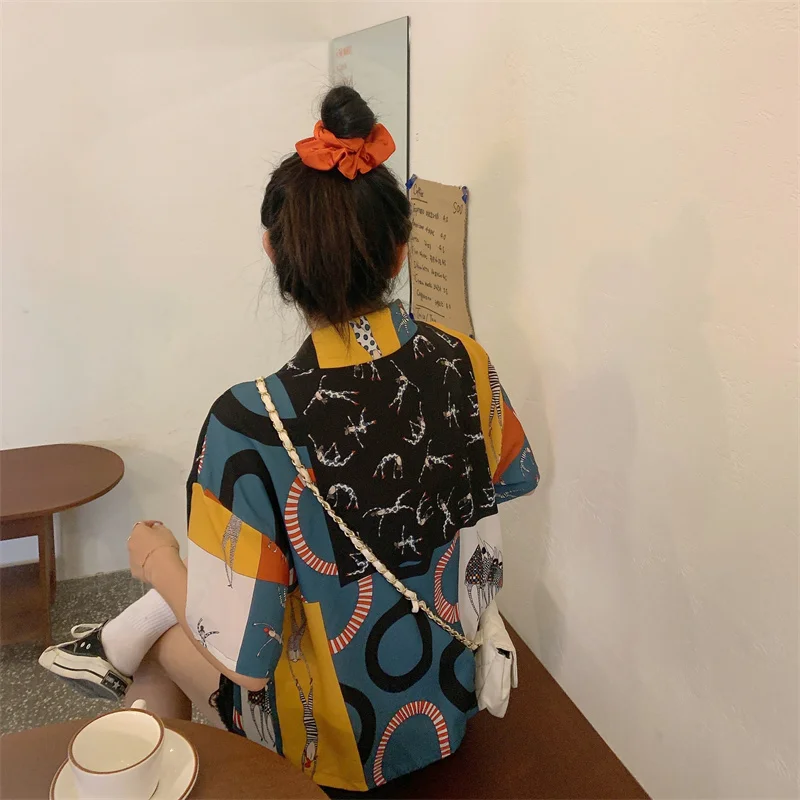 

Chiffon Loose Women's Blouses New Casual Fashion Blouse Printing V-neck Shirts Short Sleeve Buttons Summer Shirt Houthion