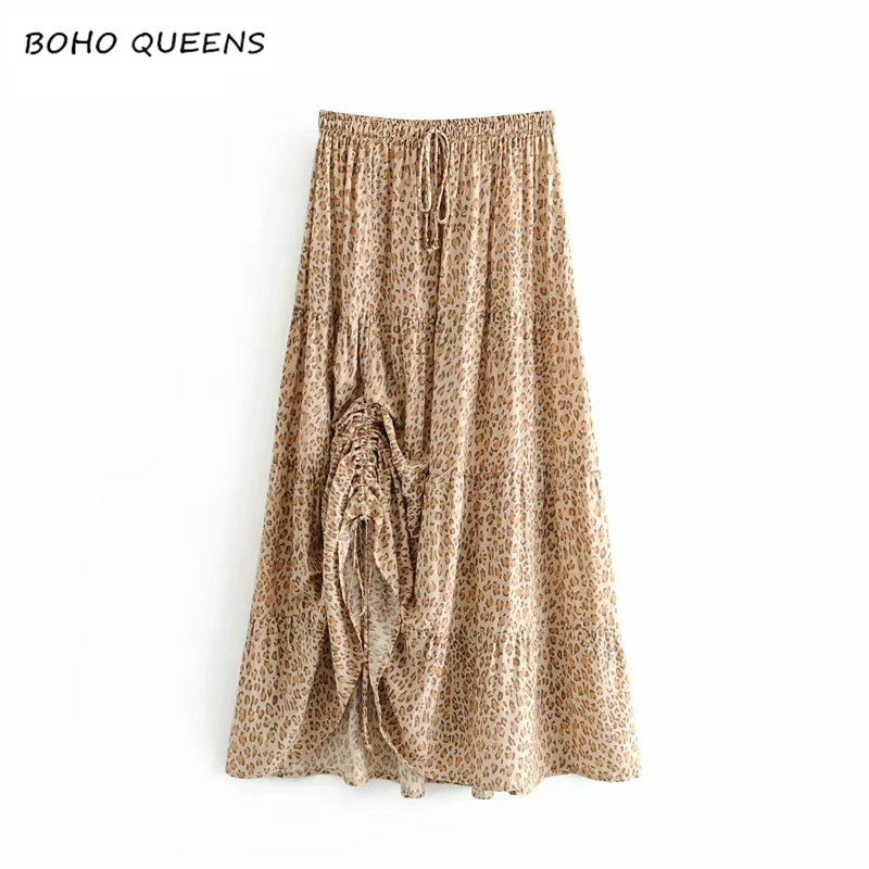 Boho шикарная модная хиппи Женская пляжная богемная леопардовая Юбка со складками высокая эластичная вискозная трапециевидная юбка макси для женщин