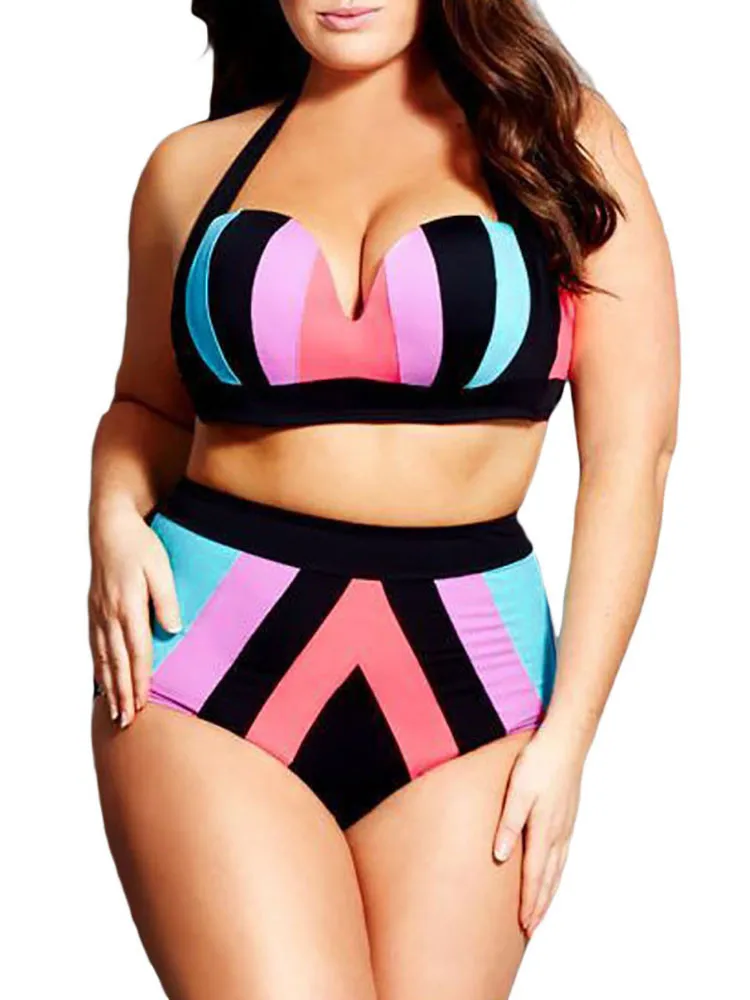 

2021 oversized two-piece swimsuit bikini beachwear printed halterneck split swimsuit plus size swimwear bathing suit women