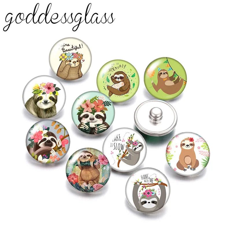 

New Cute sloth Flowers Drawings bradypod "Flash" 10pcs Round photo 18mm snap buttons for 18mm snap necklace DIY findings jewelry