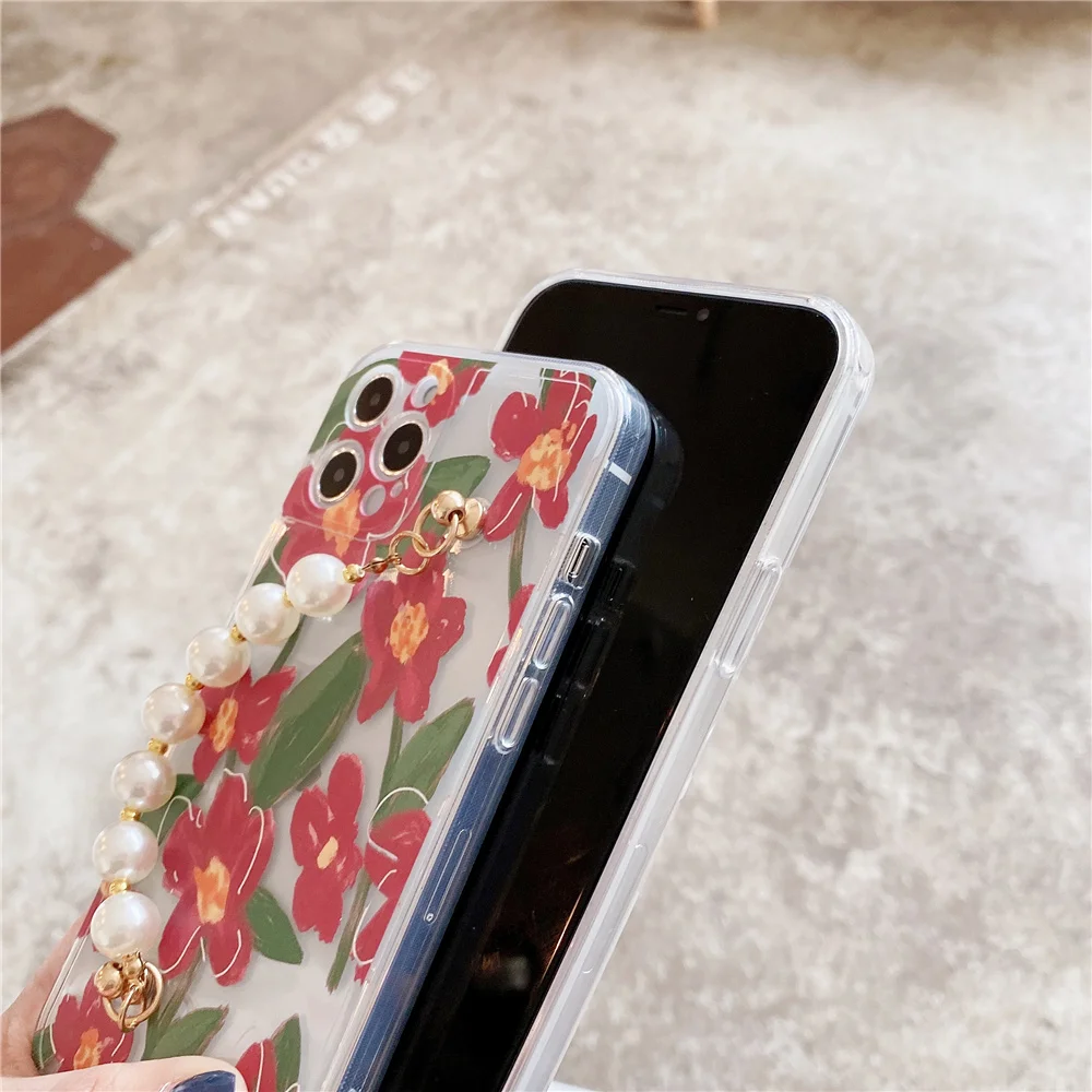 

USLION Luxury Oil Painting Flower Pearl Wristlet Phone Lens Protective Case For iPhone 11 12Pro mini Max 7 8 plus X XR XS Xsmax