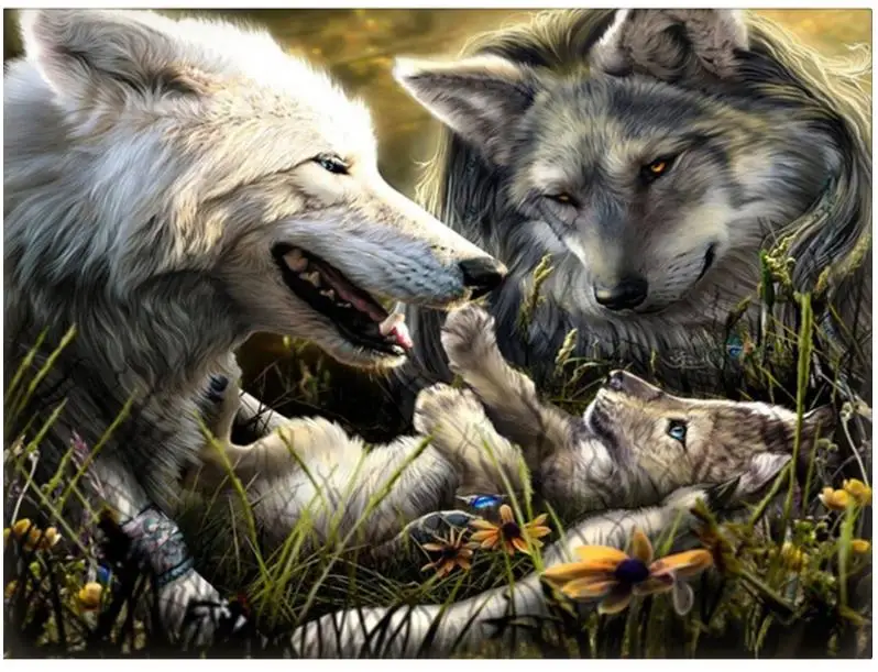 diy full round diamond painting wolves family embroidery animal diamant mosaic stickers beads puzzle picture handwork | Дом и сад