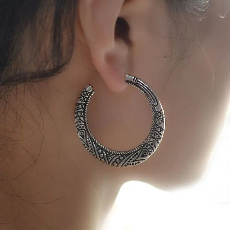 Vintage Tibetan Silver Gold Hoop Earrings Women Retro Indian Bollywood Jewelry | Украшения и аксессуары