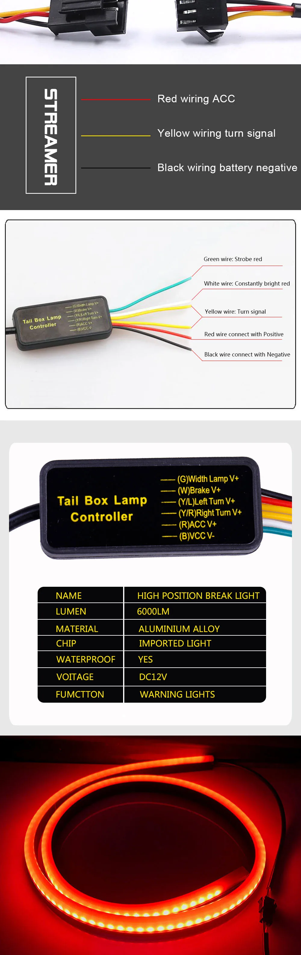 1SET 103CM 12V Brake Light Flexible Red Car Additional LED Car Third Brake Light With Driving Turn Signal Warning Stop Lamp