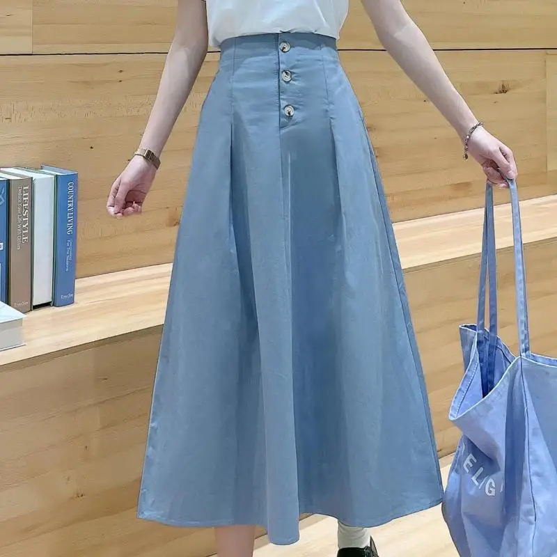 

2022 Summer New High Waist Simple Solid Color Thin A-line Long Skirt Women Casual Button Elegant Umbrella Skirt Free Shipping