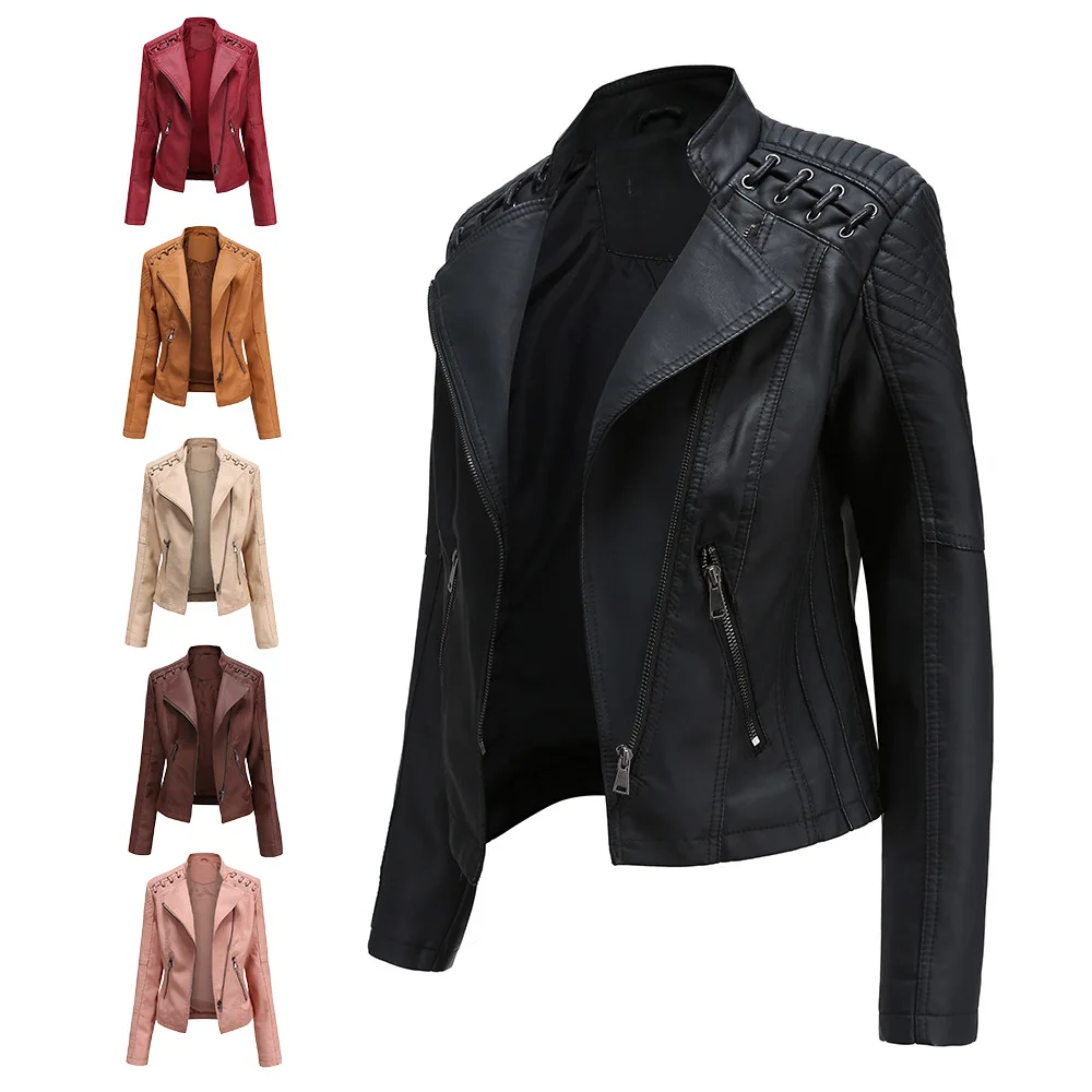 

Faux Leather Coat Women Biker Jackets PU Leather Zipper Coat Spring Autumn Fashion Casual Female V Neck Black Jacket Outwear