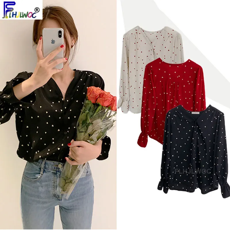 

Love Dot Blouse Tops Women Cute Sweet Girl Korea Japan Preppy Style Design Flare Sleeve V Neck Button Shirt White Black Red 8015