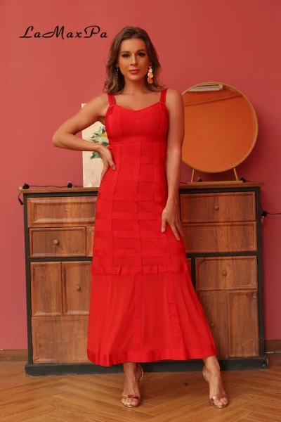 

CY Summer Red Spaghetti Strap Elegant Long Dress Women Sexy Backless Fashion Noble Cocktail Party Costume Design Ladies Clubhous