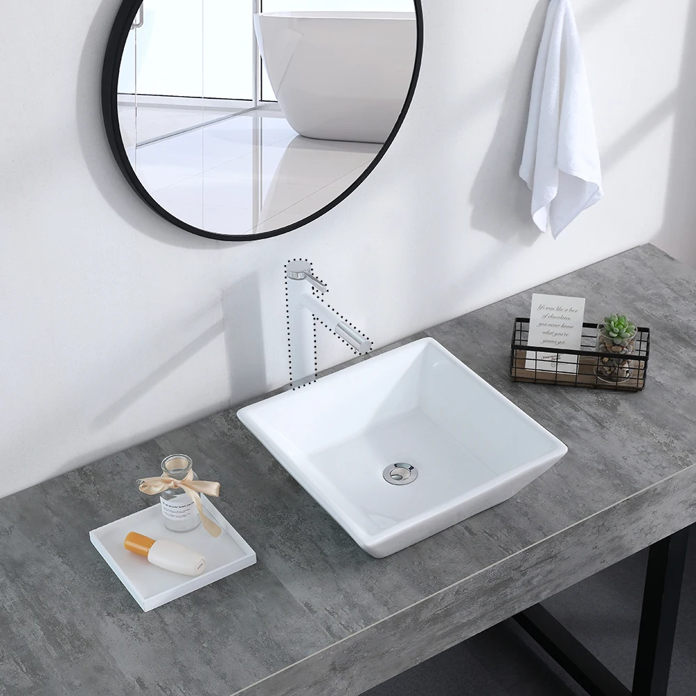 

Bathroom Above Counter Square Ceramic Vessel Vanity Sink Art Basin - White Porcelain - with Pop Up Drain Stopper