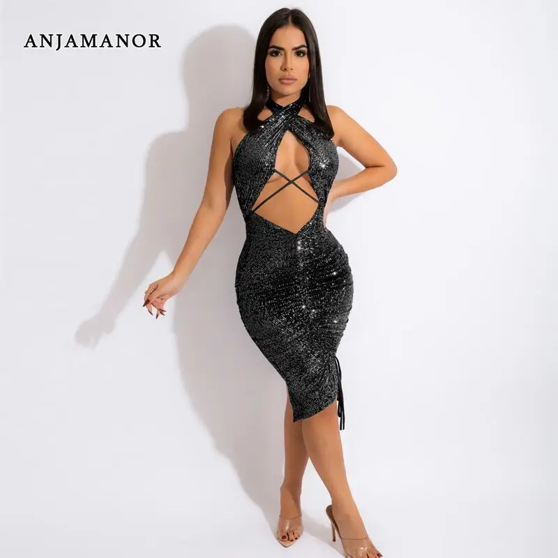 

Женское облегающее платье-миди с блестками и открытой спиной