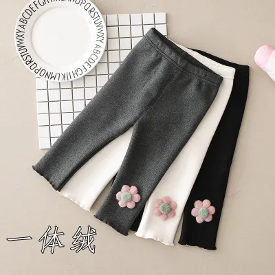 

2021 Autumn and Winter Little Girls Velvet Leggings Children's Plus Velvet Warm Pants Baby Stretch Pants Flower Velvet Trousers