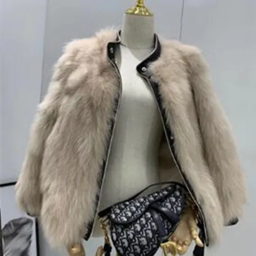 Abrigos mujer invierno шуба из натурального Лисьего меха женская зимняя короткая Повседневная мотоциклетная Лоскутная куртка из натуральной кожи Верхняя одежда - Цвет: milk tea color