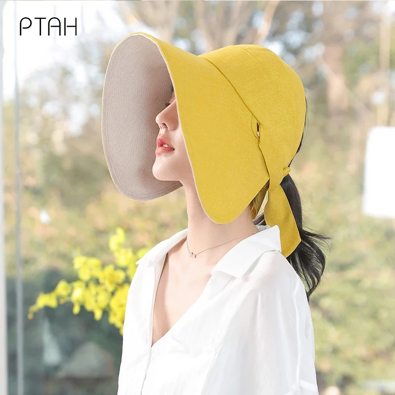 

[PTAH] Summer New Women's Empty Top Hats Sun Protection Beach Hats Breathable Comfort Foldable Windproof Rope Cap Casual Female