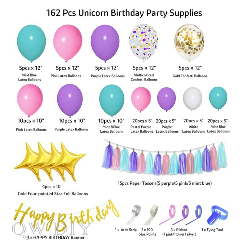 Kit de guirnalda de arco de globos de cumplea&ntilde;os de unicornio, 162 piezas, confeti dorado, cartel de feliz cumplea&ntilde;os, borla de papel, decoraci&oacute;n de fiesta tem&aacute;tica de ni&ntilde;a-2