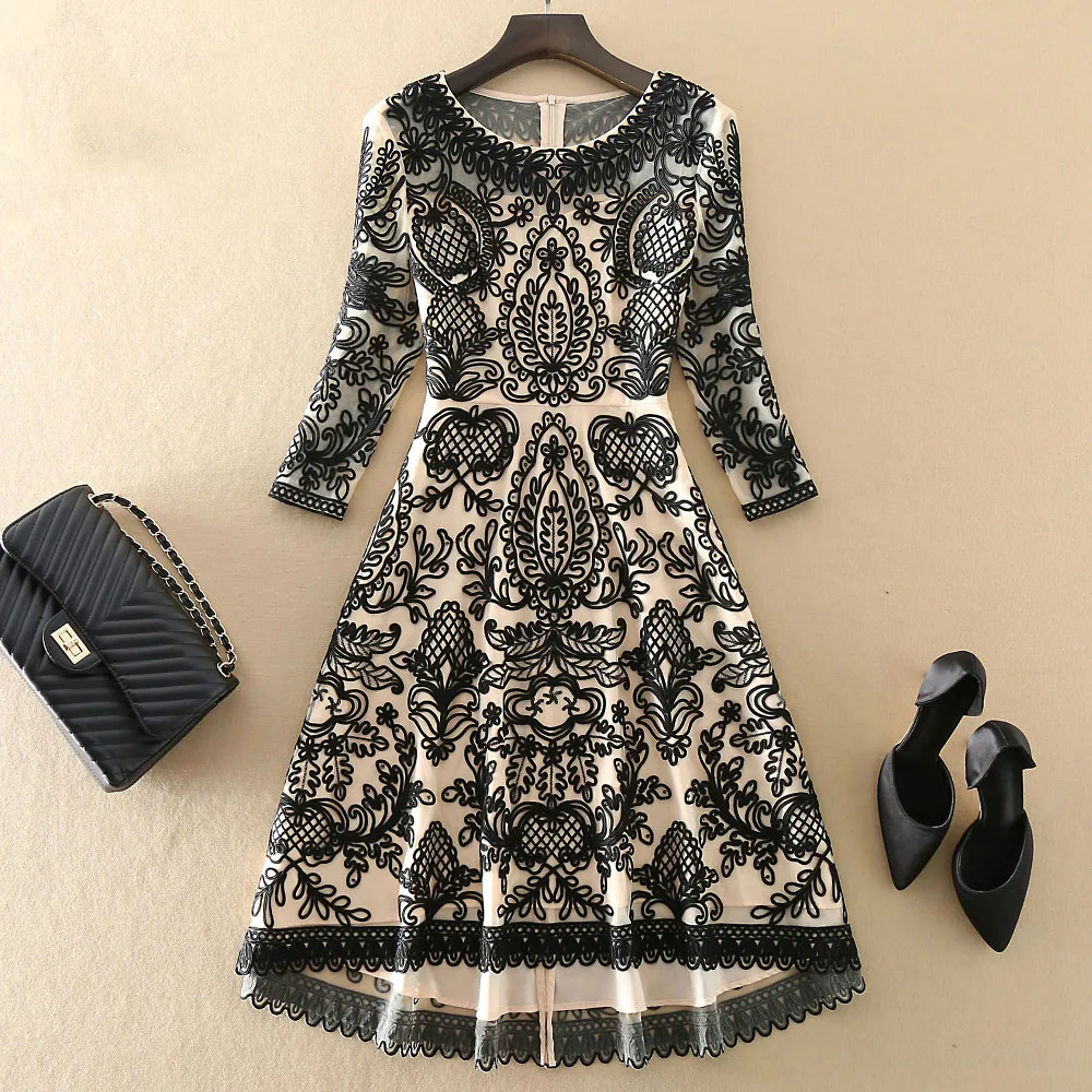 

Designer Dovetail Dress Autumn Runway Fashion New Black Flower Embroidery Midi Elegant Party Holiday Dress Vestidos