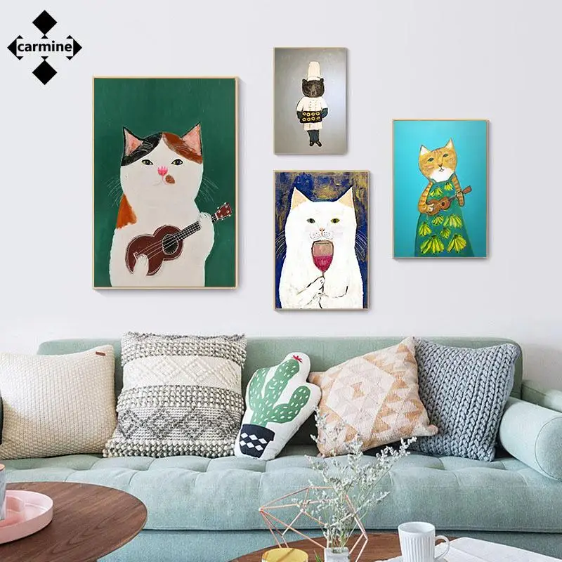 

Funny Cartoon Canvas Wall Art Modern Nordic Style Posters and Prints Cute Cat Canvas Painting Wall Picture for Living Room Decor