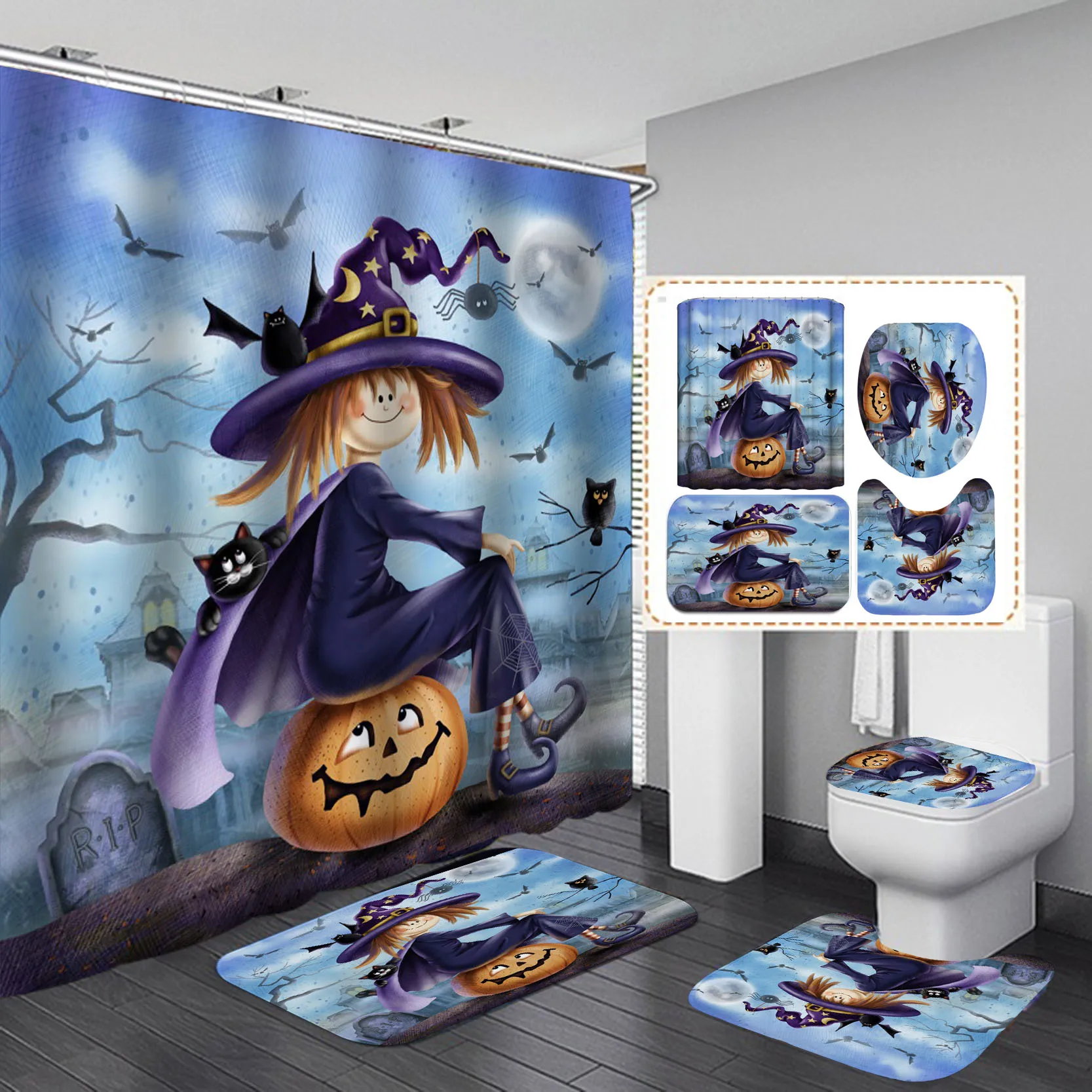 funny skull skeleton print shower curtain set halloween festival home decor bath mat toilet lid cover flannel bathroom carpet free global shipping