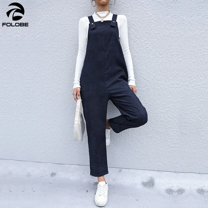 

FOLOBE Ladies Casual Trousers Corduroy Suspender Pants Loose Solid Color Suspenders High Waist Trousers Jump Suits for Women