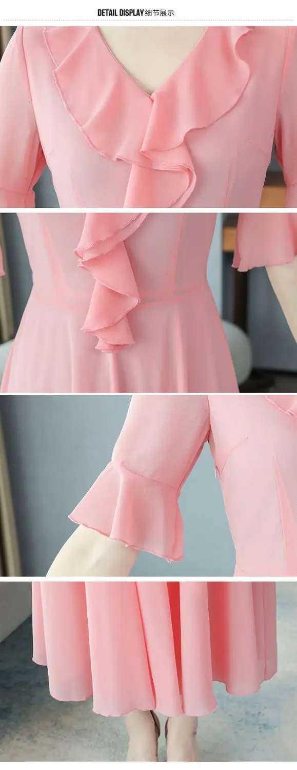 

2020 New Women Summer Dress Solid Color Temperamental V-Neck Ruffles Big Hem Chiffon Long Dress Sweet Sexy Beach Dress