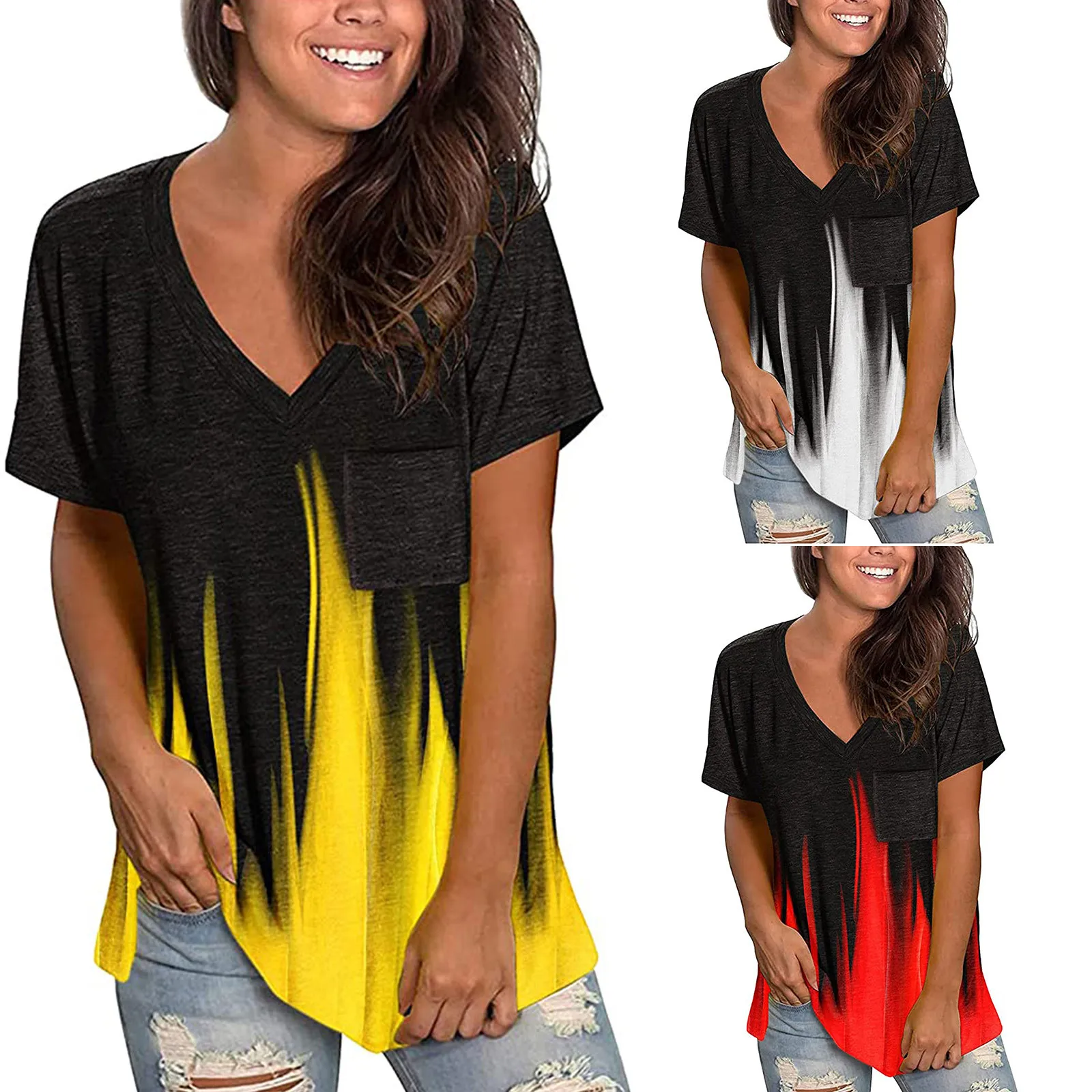 

Fashion Women T Shirts Tunic Short Sleeve Print Deep V-Neck Y2k Women Casual Loose Tops Tshirt 2021 Summer Ladies Tee Tops