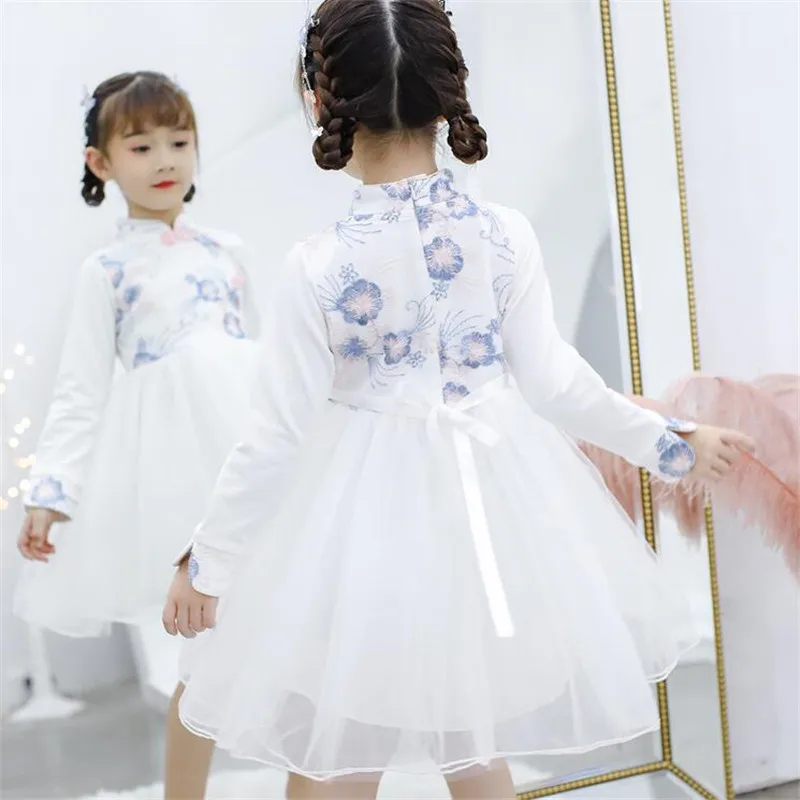 Детское платье принцессы белое розовое хлопковое или флисовое платье-Ципао в