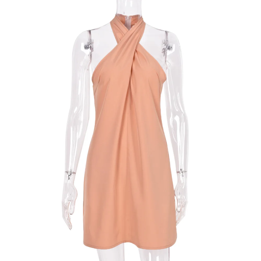 

2021 European and American cross backless sexy halter suspender dress women