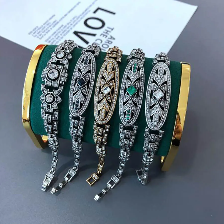 

Full Rhinestones Distressed Gold Silver Middle Age Bracelet for women Adjustable Designer vintage Gothic women hand jewelry